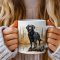 A Black Flat Coat Retriever dog printed onto a ceramic coffee mug and personalised with a name ,the pet printing company