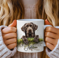 a chocolate labrador printed onto a cream cushion cover on one side and also personalised with a name
