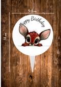 Baby Deer Circular aluminium cake topper ,the front has a baby deer in a cartoon style on with the text happy Birthday and the back is plain silver