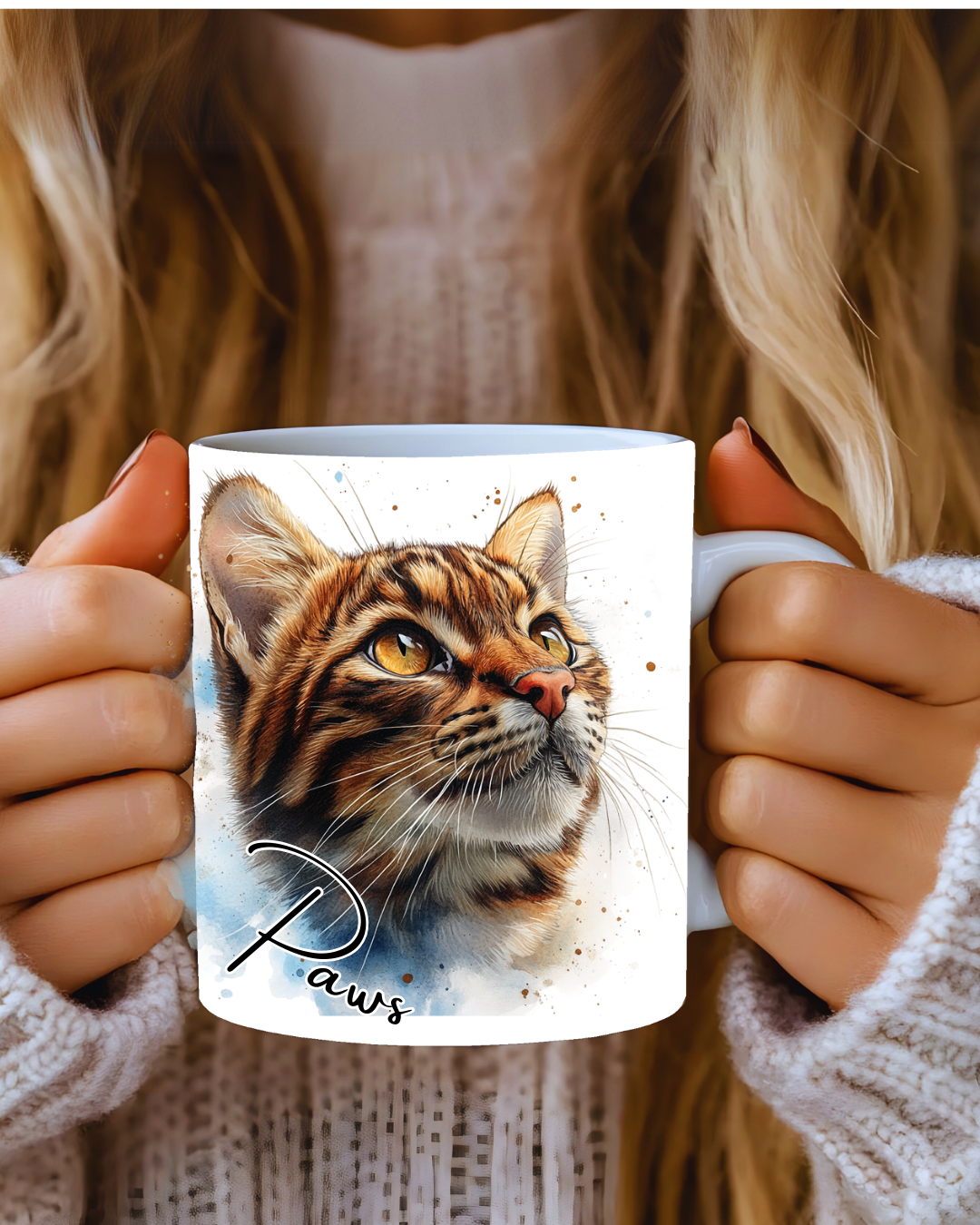 A ceramic coffee mug with a image of a beautifully etailed bengal cat looking up at its owner 110z mug with a name personalised on each side