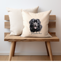 cream cushion cover with a black newfoundland dog face printed on one side with a personalised name option,zip opening the pet printing company
