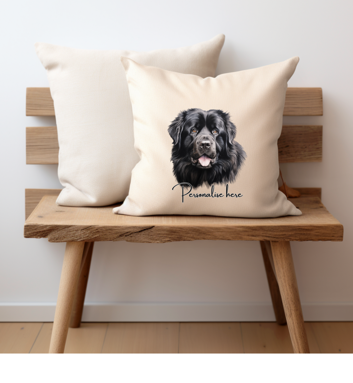 cream cushion cover with a black newfoundland dog face printed on one side with a personalised name option,zip opening the pet printing company