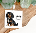 Black and tan cavalier king charles Air freshner printed on both sides and personalised with a name,decorated with a random coloured ribbon