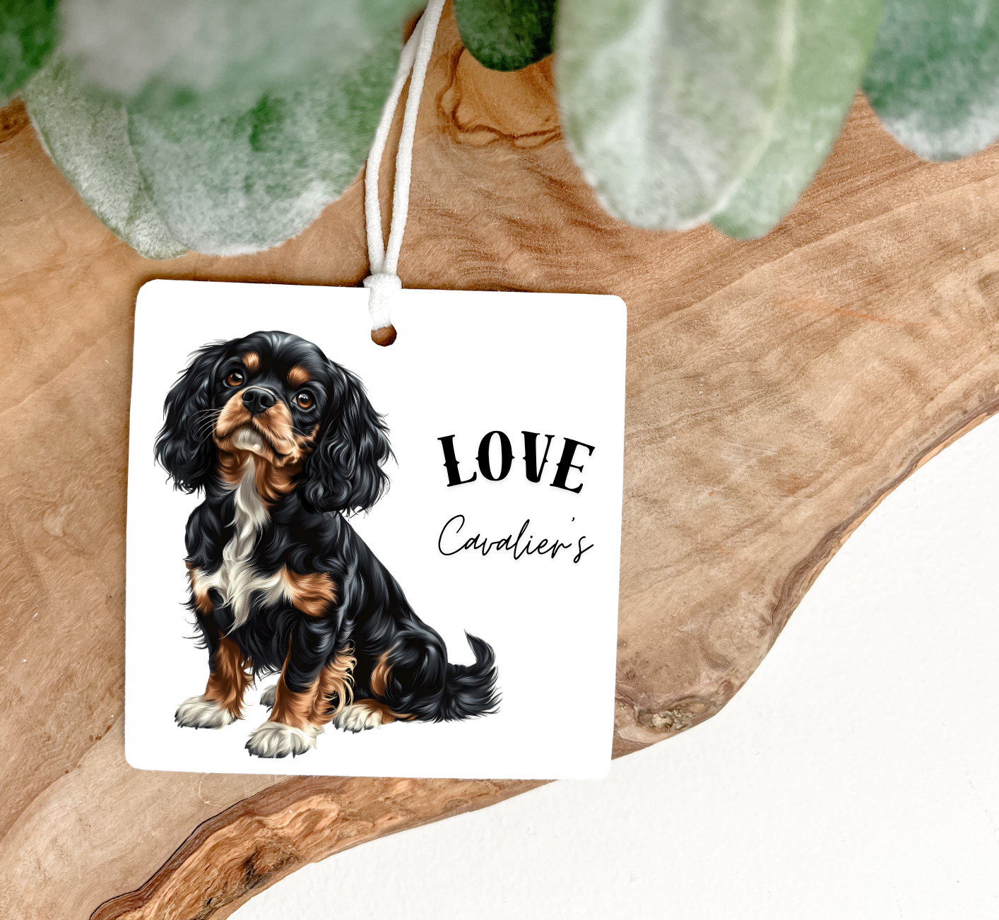 Black and tan cavalier king charles Air freshner printed on both sides and personalised with a name,decorated with a random coloured ribbon