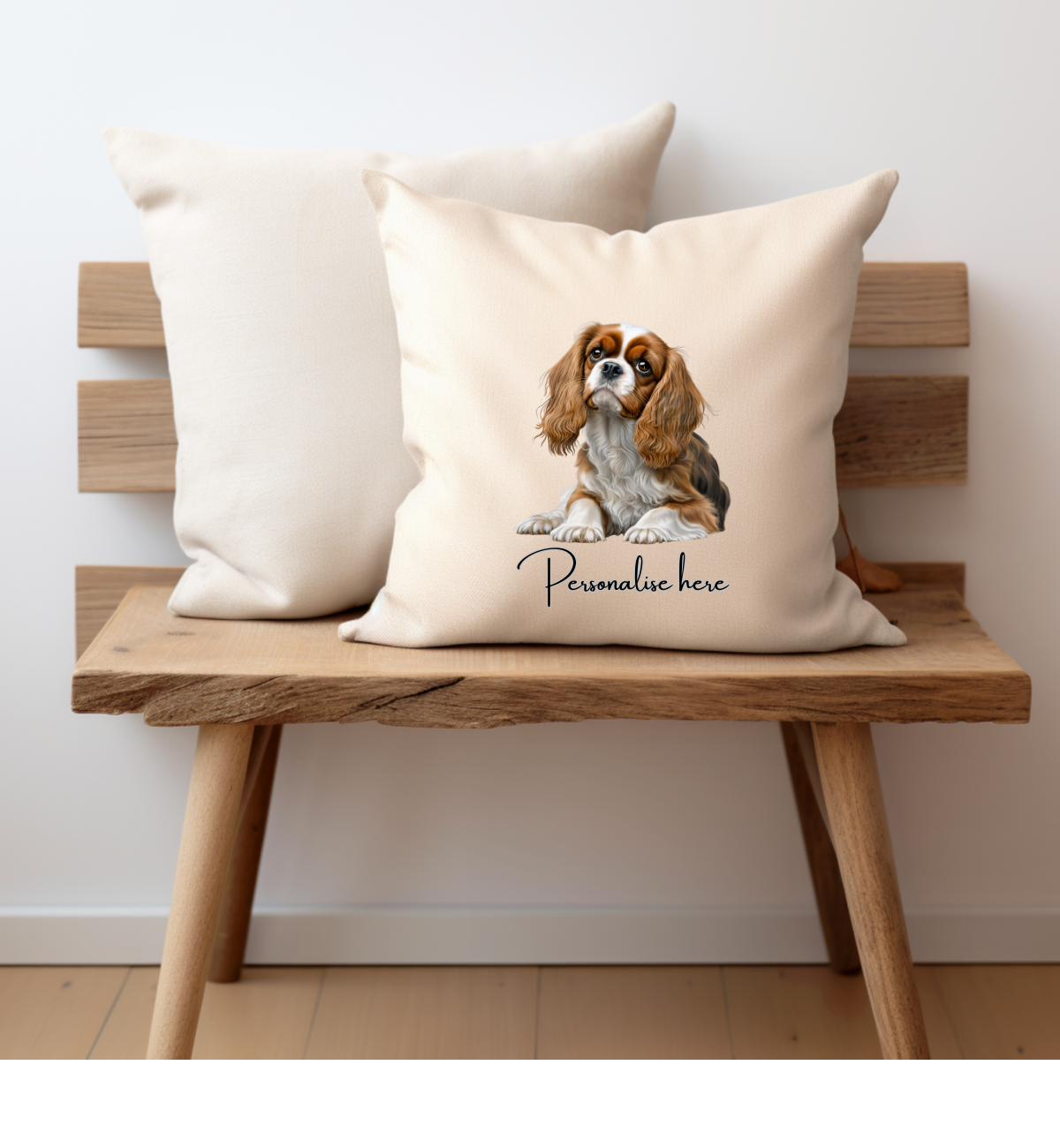 Blenheim cavalier king charles dog printed onto a cream cushion cover on one side ,features a zip opening and a personalised name