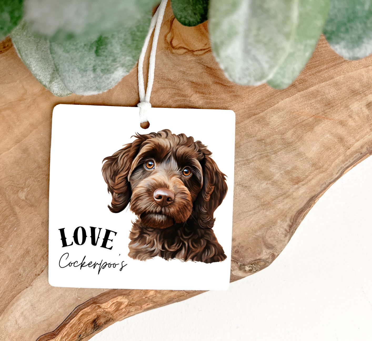 Air freshener Printed both sides with a brown cockerpoo dog,a decrotive ribbon with a choice of scents