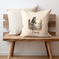A cream cushion cover with a chestnut horse looking over a gate printed on one side with a personalised name option,the cushion cover has a zip opening and is displayed on a small bench,the pet printing company