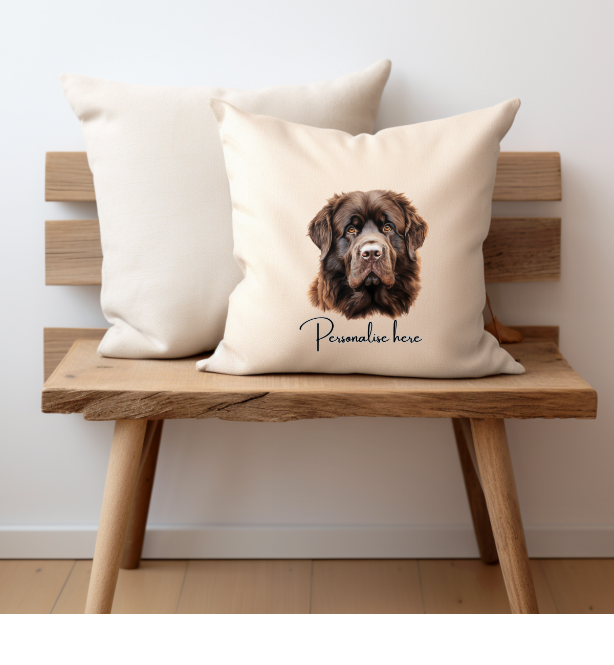 Brown newfoundland dogprinted onto a cream cushion cover and personalised with a name ,