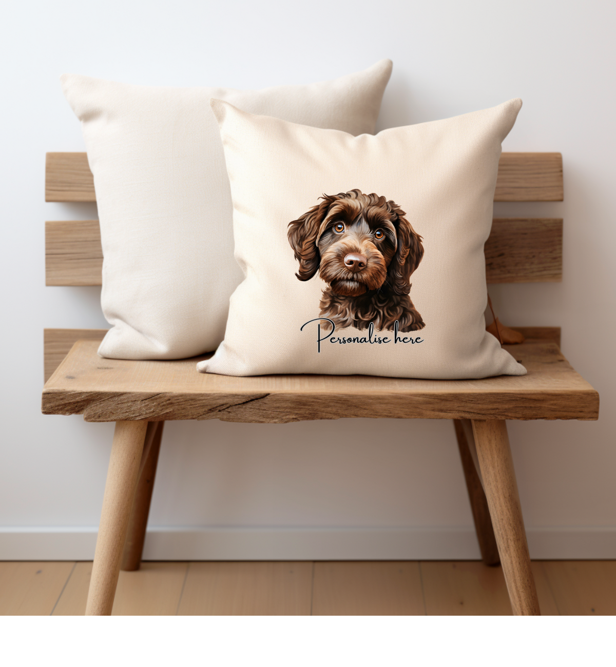 A cream coloured Cushion cover printed on one side with a detailed cockerpoo dog and personalised with a name ,zip opening, the pet printing company