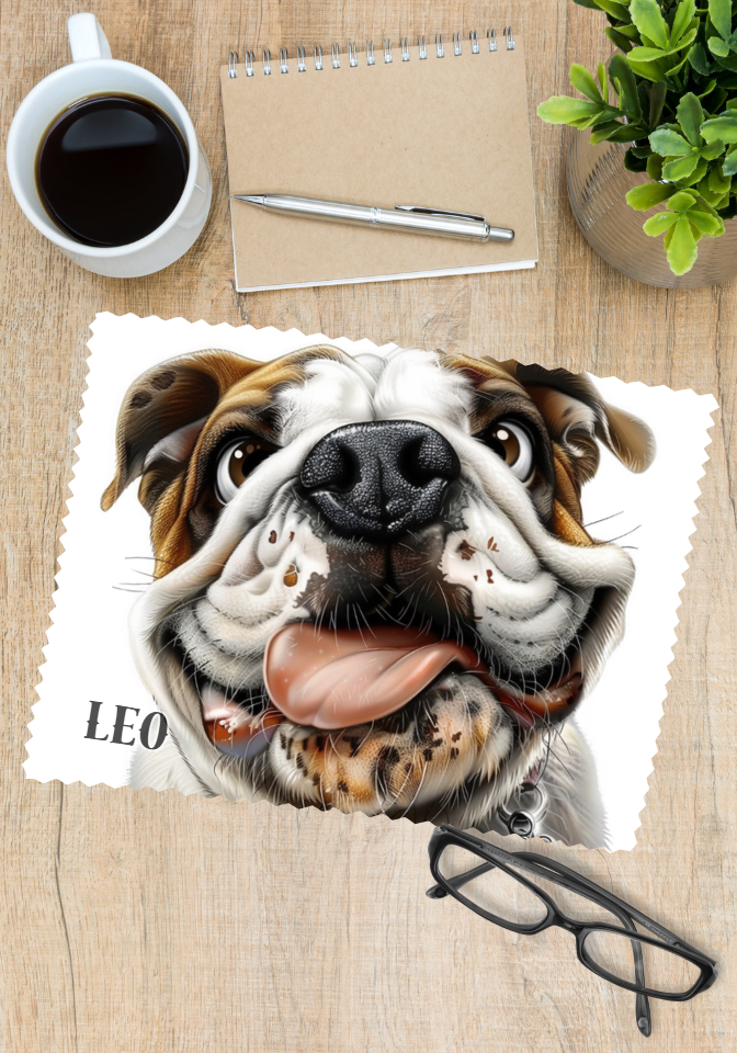 Bull dog Cartoon style Glasses cleaner 15x23 cm printed on one side with a personalised name a image in cartoon style of a british bull dog dog