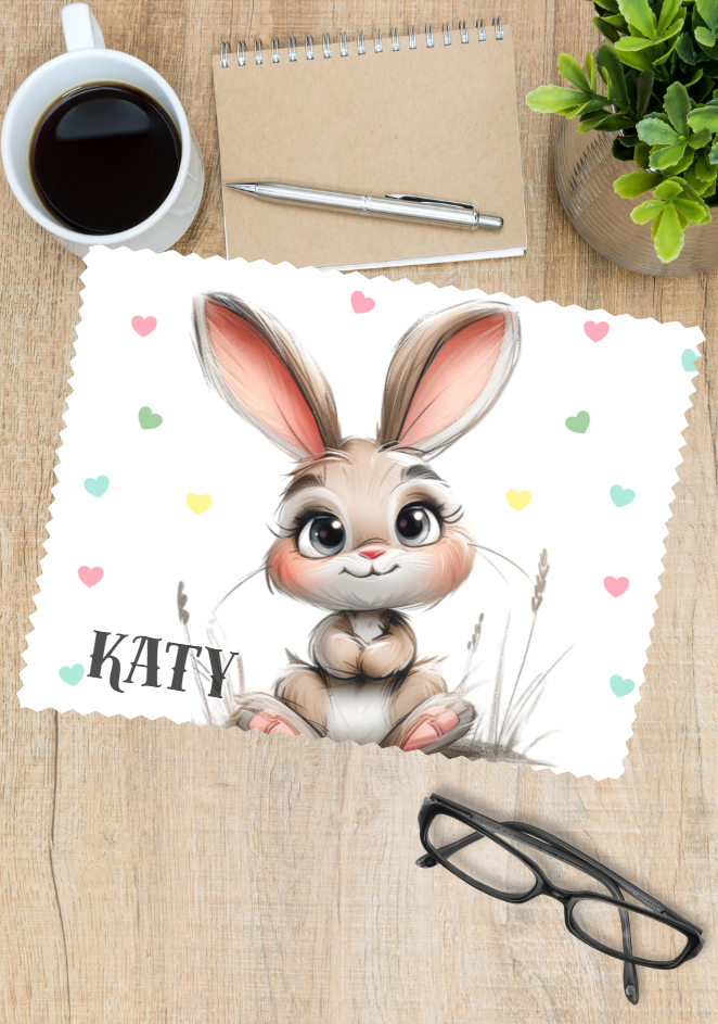 a cute cartoon bunny rinted on one side of a glasses cleaner and personalised with a name