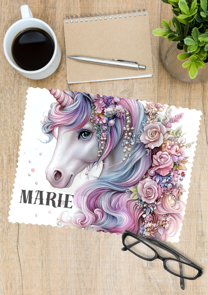A Carousel unicorn printed onto a glasses cleaner on one side and personalised with a name