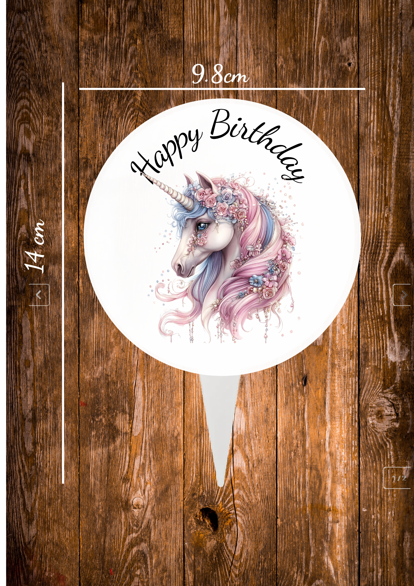 Carousel Unicorn Cake topper Circular aluminium cake topper ,the front has a baby deer in a cartoon style on with the text happy Birthday and the back is plain silve