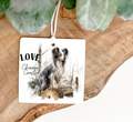 Decorative Air Freshener with a Chinese Crested dog illustration and 'LOVE' printed both sides with a decretive ribbon