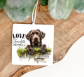 Decorative Air Freshener with a chocolate Labrador  dog printed on both sides and 'LOVE Chocolate Labradors' text ,with a decrotive ribbon