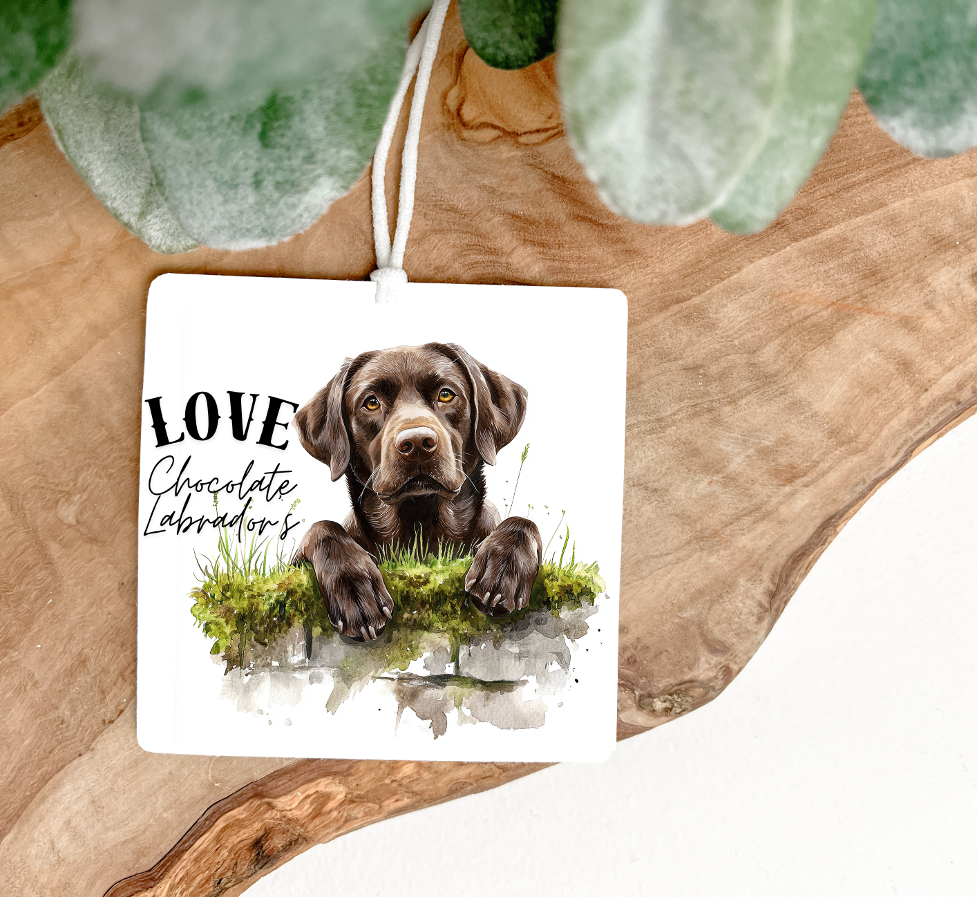 Decorative Air Freshener with a chocolate Labrador  dog printed on both sides and 'LOVE Chocolate Labradors' text ,with a decrotive ribbon