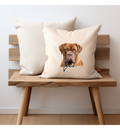 Dougue de bordeaux Personalised Cushion cover, the cushion cover is 40x40cm and has a douge face printed on the front and a personaslised name , it has a zip opening and is cream in colour