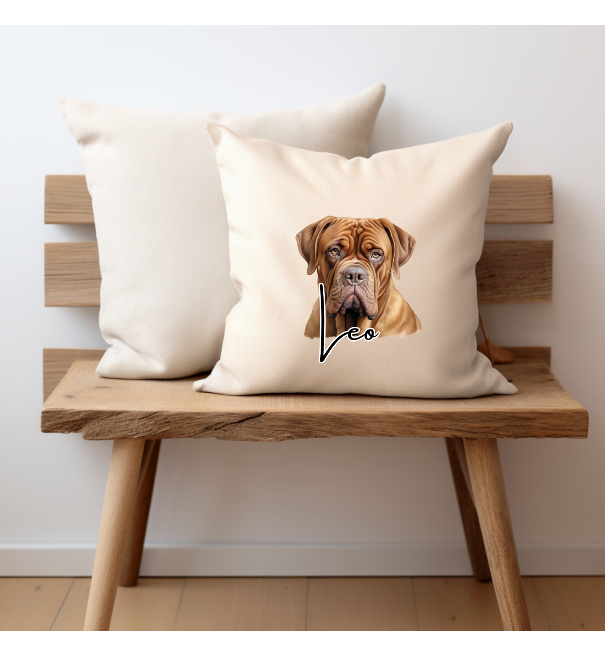 Dougue de bordeaux Personalised Cushion cover, the cushion cover is 40x40cm and has a douge face printed on the front and a personaslised name , it has a zip opening and is cream in colour