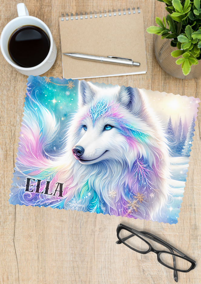 A white fantasy wolf glasses cleaner printed on one side and personalised with a name