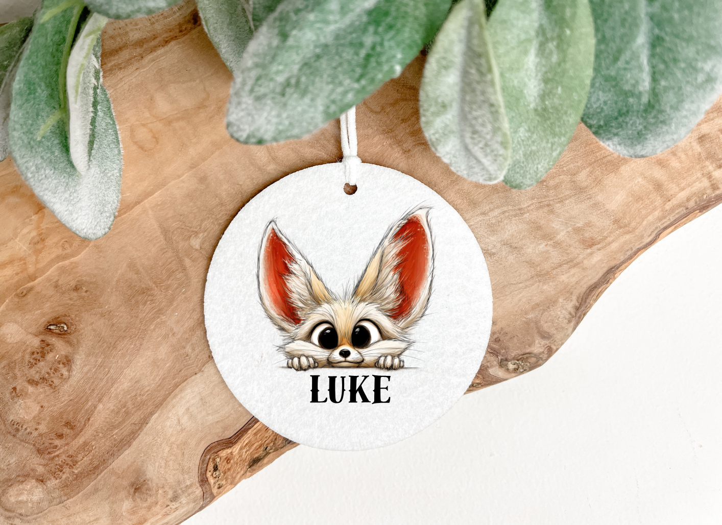 A round Air freshener,with a cartoon style fennec fox printed on both sides with a personalised name ,incudes a decorative ribbon for hanging,the pet printing company