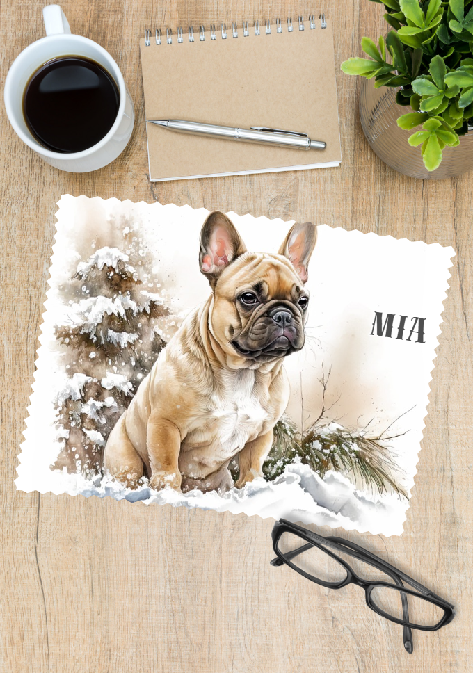 A French bulldog printed onto a galsses cleaner on one side and personalised with a name