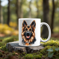A German shepherd dog face printed onto both sides of an 11oz coffee mug and personalised with a name
