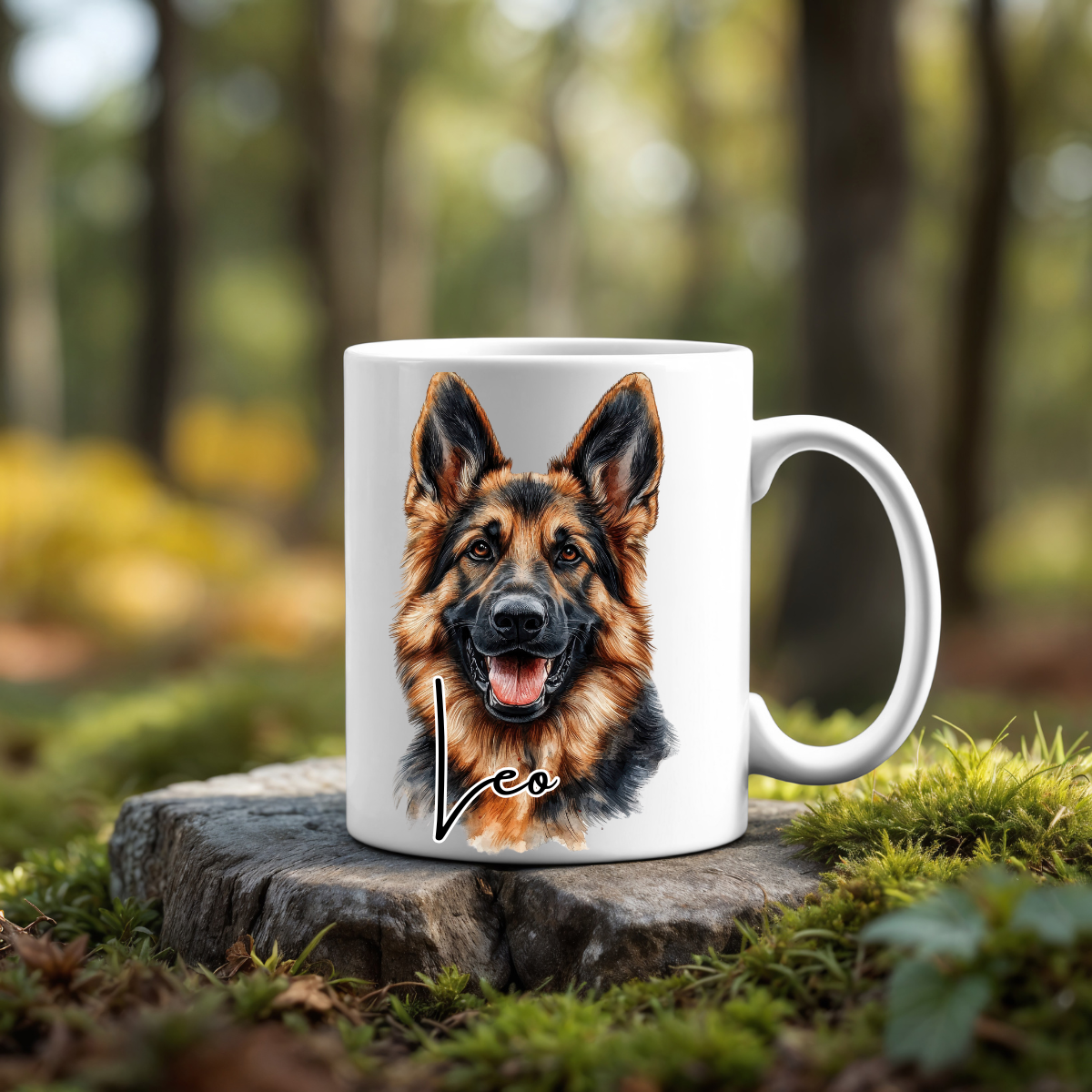 A German shepherd dog face printed onto both sides of an 11oz coffee mug and personalised with a name