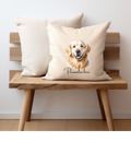 Golden labrador dog printed onto one sode of a cream cushion cover and personalised with a name