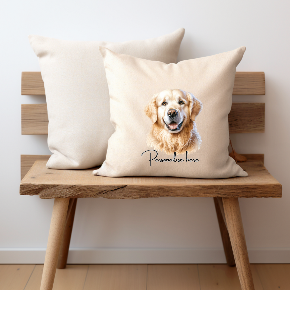 Golden labrador dog printed onto one sode of a cream cushion cover and personalised with a name