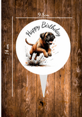Cartoon style cake topper with a   Mastiff dog on and the text happy Birthday, the cake topper is 9.8cm by 14 cm and is designed on one side while the back is silver