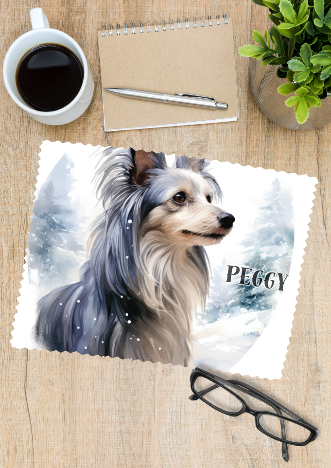 Personalised Chinese Crested Dog Glasses cleaner a chinese crested dog printed on one side of a glasses cleaner and personalised with a name