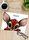 A Baby deer in cartoon style printed onto one side of a white glasses cleaner and personalised with a name