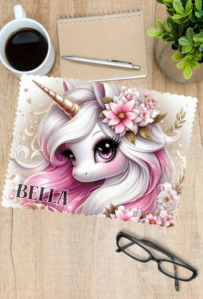 unicorn glasses cleaner printed on one side and personalised  with a name
