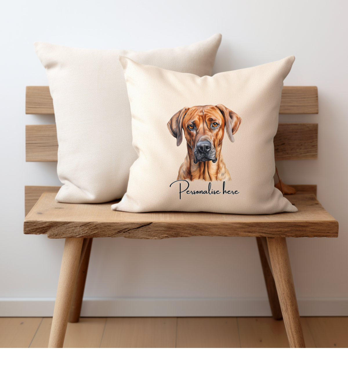 Rhodesian Ridgeback dog Printed onto one side of a cream cushion cover and personalised with a name