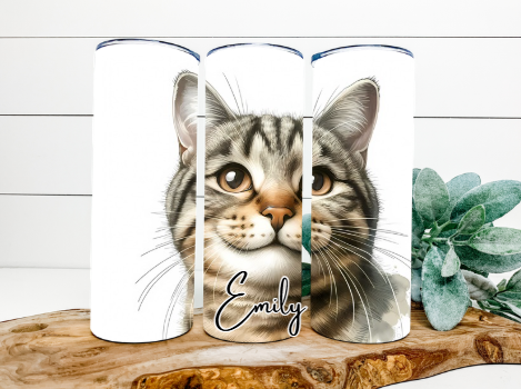 beautiful Tabby cat face printed onto a 20oz flask straw and lid included