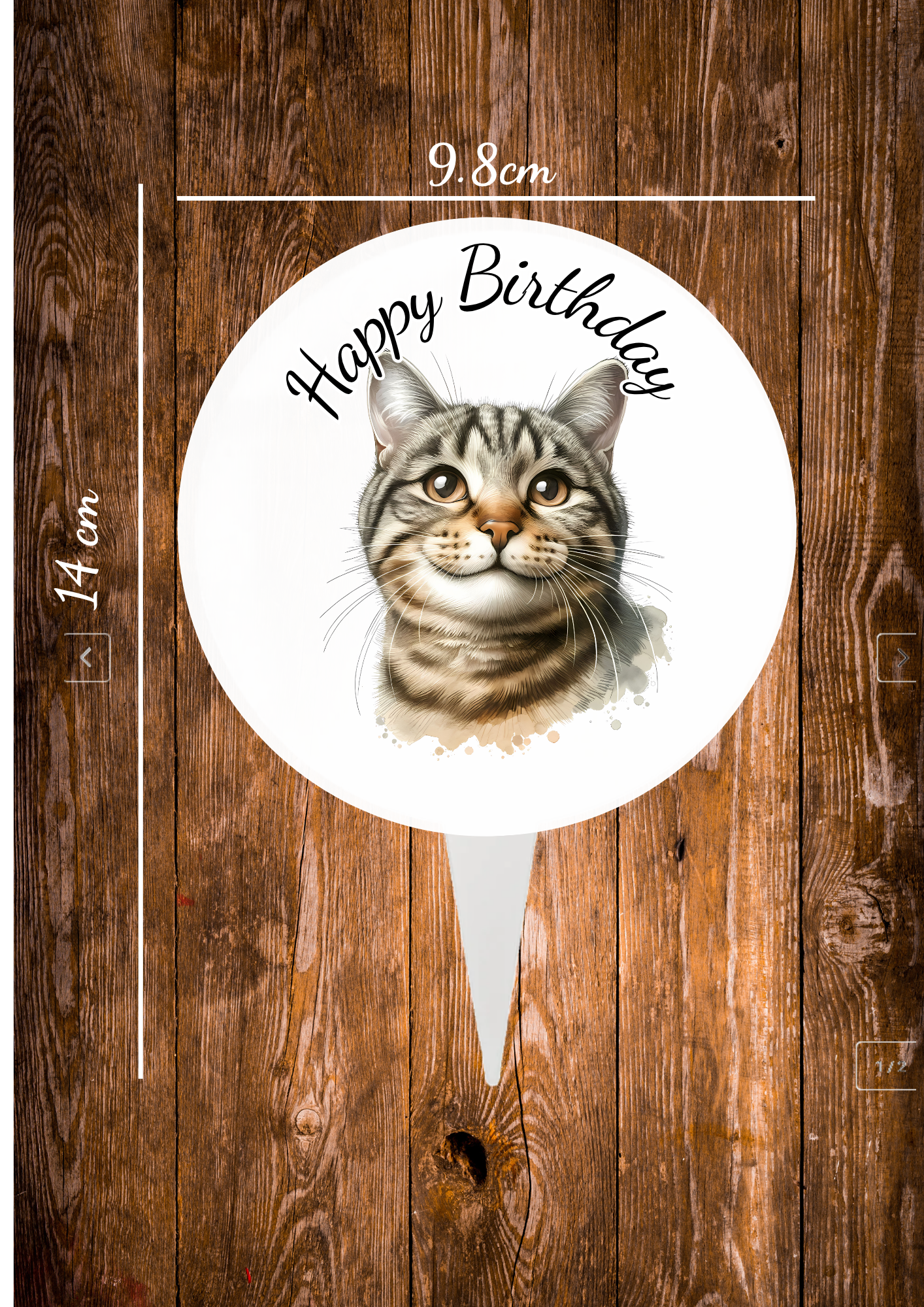 Tabby cat cake topper printed on one side with the words happy birthday on the back is matte silver