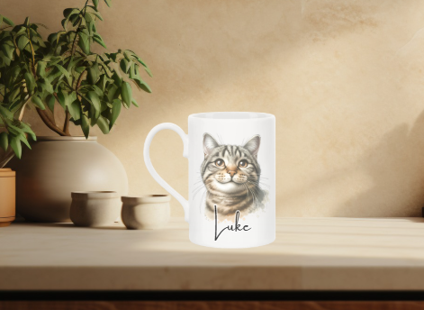 Beautiful tabby cat face printed on both sides of this slim ceramic mug and personalised with a name