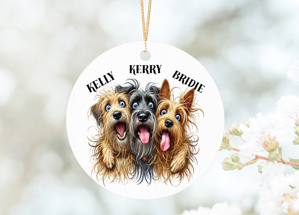 a 7cm aluminium ornament printed on both sides with three mongrel dogs with their paws around each other, each dog ahs a personalised name above its head the ornament is hung with a random decorative ribbon