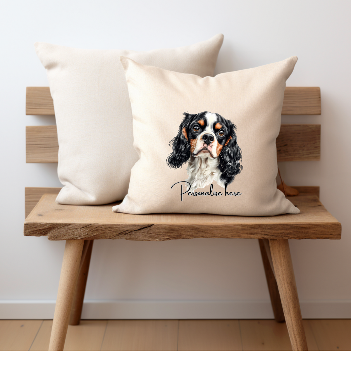  A tri coloured cavalier king Charles dog printed onto one side of a cream cushion cover and personalised with a name