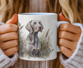 Weimaraner dog Ceramic Mug ,11oz coffee mug printed on both sies with a Weimaraner dog sat in the grass ,the mug is personalised with a name