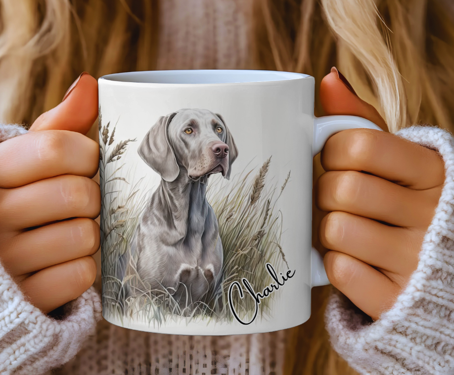 Weimaraner dog Ceramic Mug ,11oz coffee mug printed on both sies with a Weimaraner dog sat in the grass ,the mug is personalised with a name