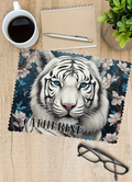 A white tiger face printed onto one side of aglasses cleaner with a personalised name