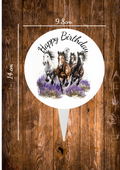 A aluminium cake topper with a image of 4 running horses and the text happy Birthay on printed on one side only