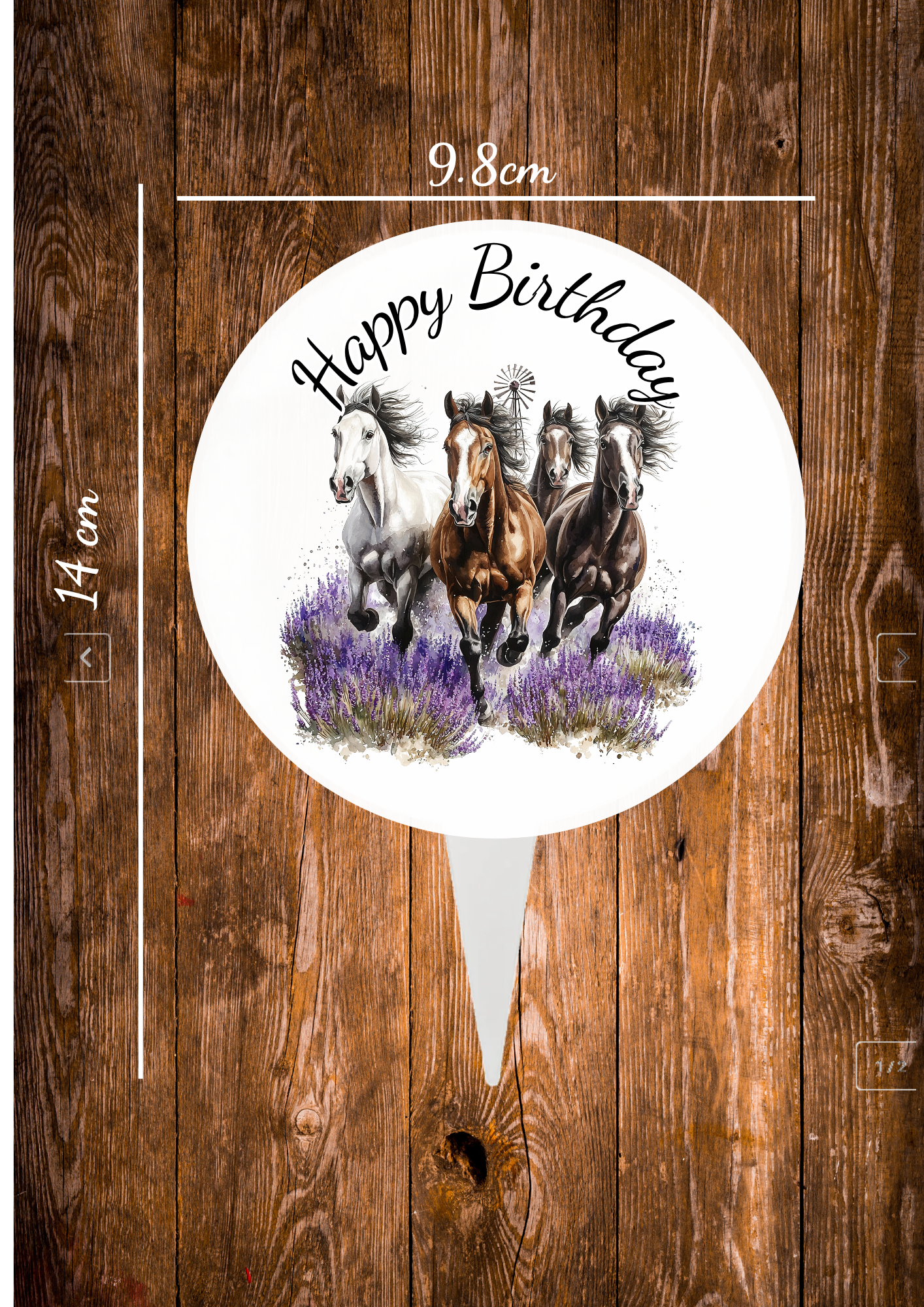 A aluminium cake topper with a image of 4 running horses and the text happy Birthay on printed on one side only