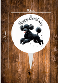 Black Poodle Dog aluminium cake topper ,the front has a baby deer in a cartoon style on with the text happy Birthday and the back is plain silver