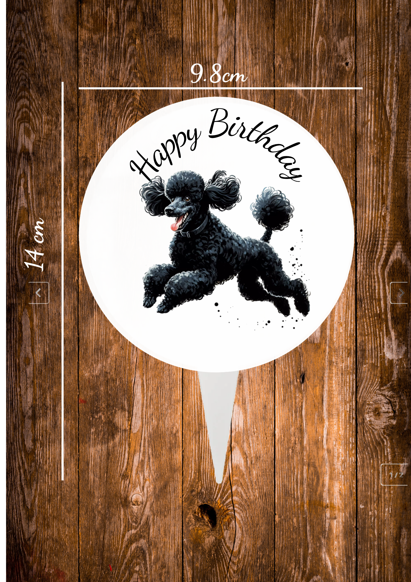 Black Poodle Dog aluminium cake topper ,the front has a baby deer in a cartoon style on with the text happy Birthday and the back is plain silver
