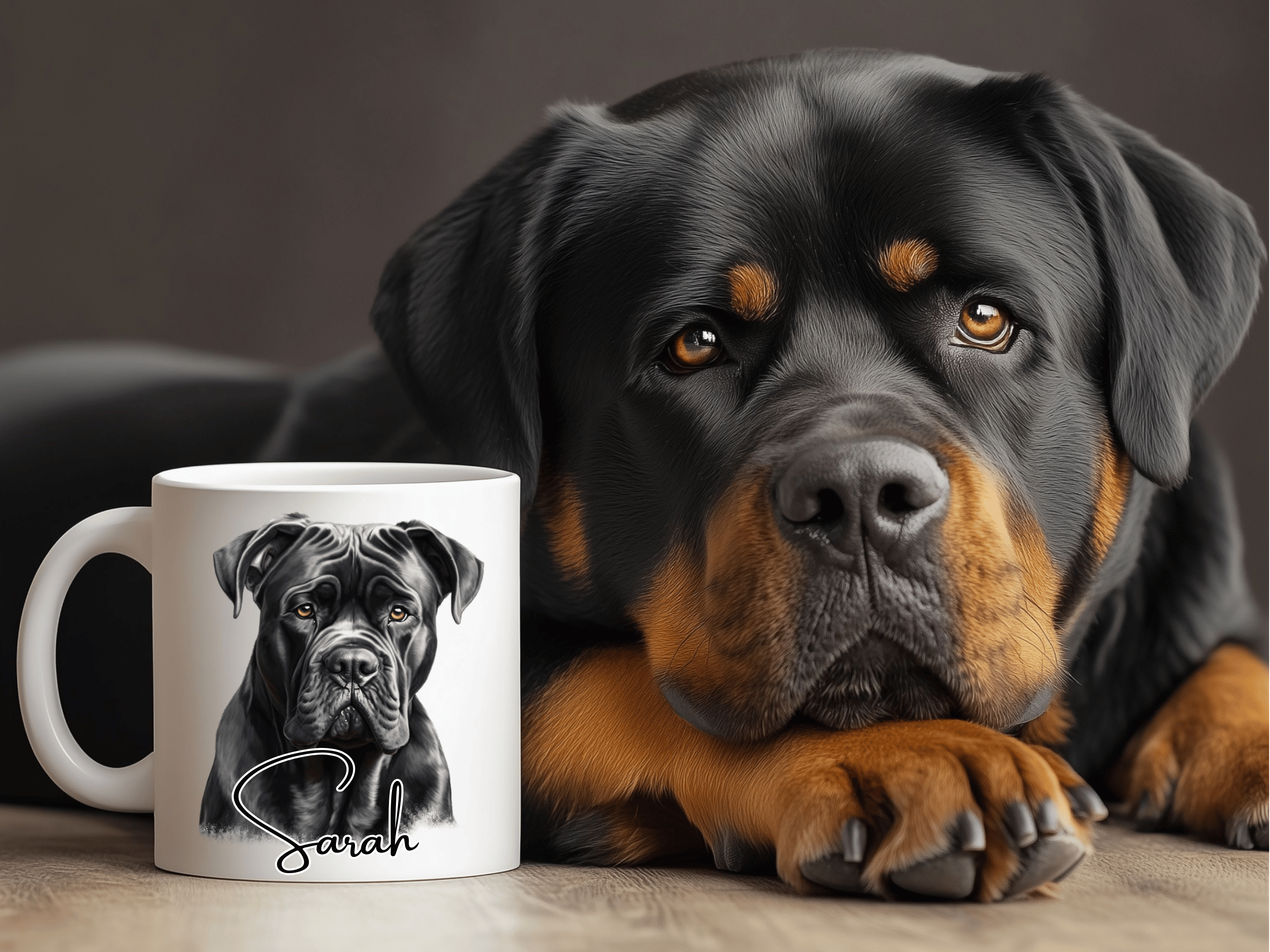 Black and brown Rottweiler dog with a mug featuring a cane corso dog with a personalised name,the mug is 110z and ceramic and printed on both sides