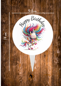 Dancing Unicorn Circular aluminium cake topper ,the front has a baby deer in a cartoon style on with the text happy Birthday and the back is plain silve