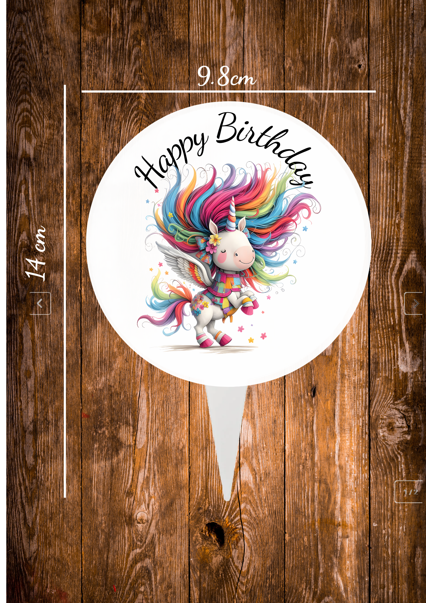 Dancing Unicorn Circular aluminium cake topper ,the front has a baby deer in a cartoon style on with the text happy Birthday and the back is plain silve