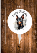 Doberman dog Cake topper Circular aluminium cake topper ,the front has a baby deer in a cartoon style on with the text happy Birthday and the back is plain silve